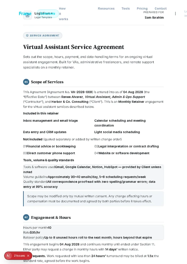 virtual-assistant-service-agreement template preview